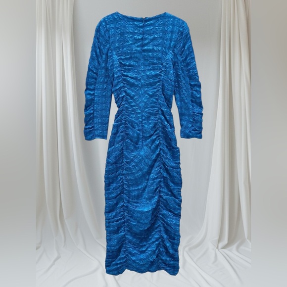 Zara Stylish Blue Ruched Midi Dress - Picture 7 of 8